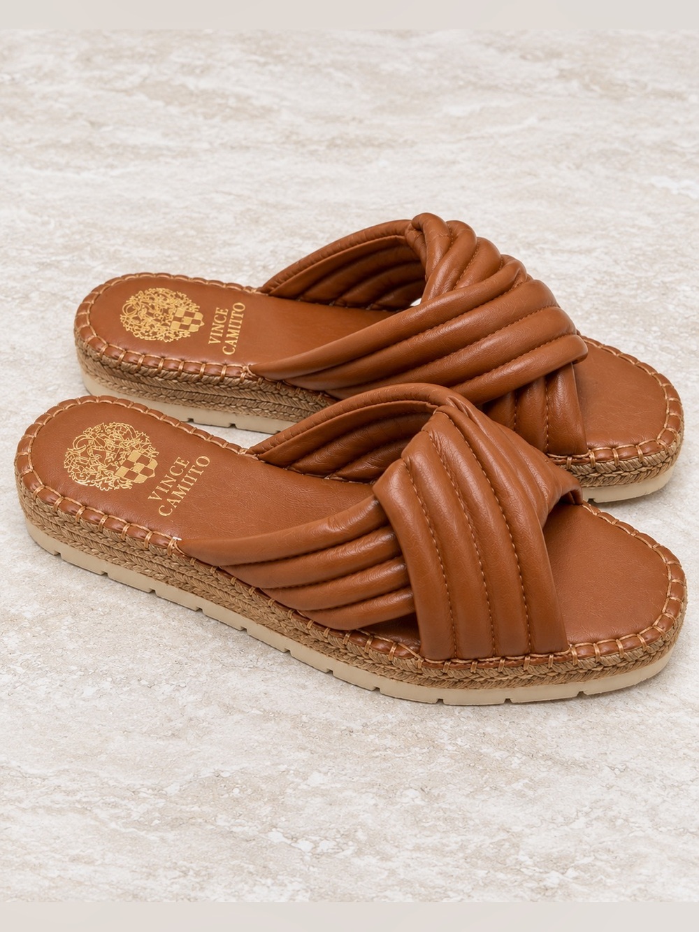 Vince Camuto Sandals Melysa Caramel Brown Cross Slide Espadrille Wedge Size 6.5